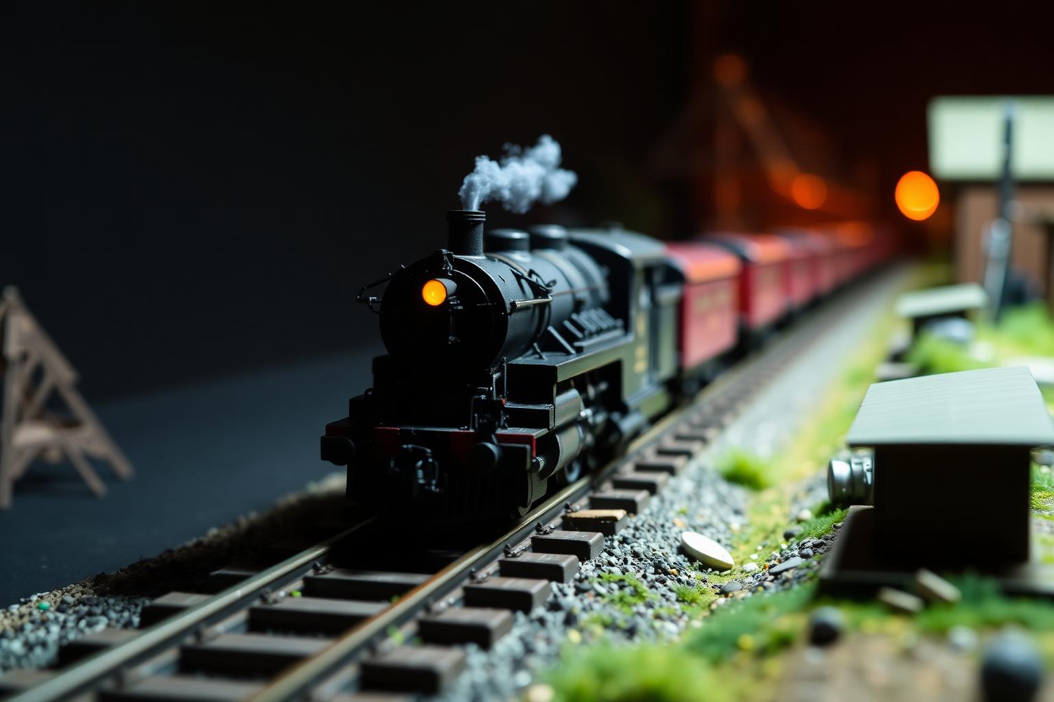 Locomotiva de ferromodelismo em diorama detalhado